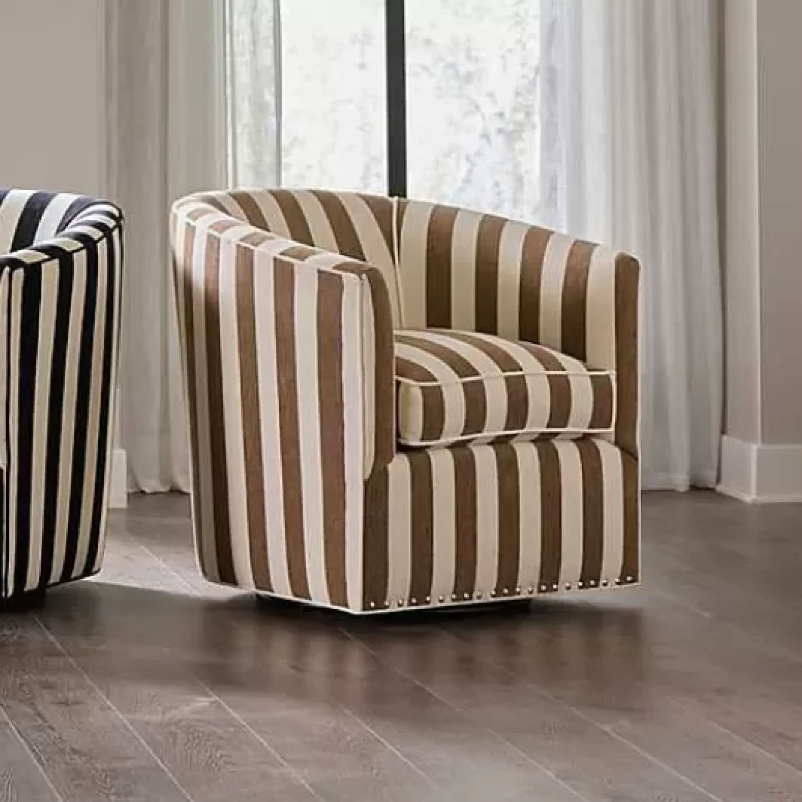 MacKenzie-Childs Marquee Brown Stripe Chenille Swivel Chair< Living Room