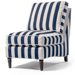 MacKenzie-Childs Marquee Navy Stripe Chenille Armless Chair< Living Room