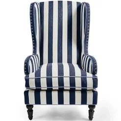 MacKenzie-Childs Marquee Navy Stripe Chenille Wing Chair< Living Room