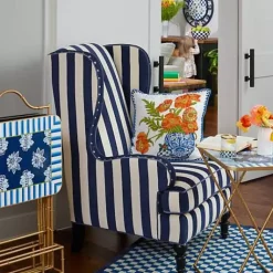 MacKenzie-Childs Marquee Navy Stripe Chenille Wing Chair< Living Room