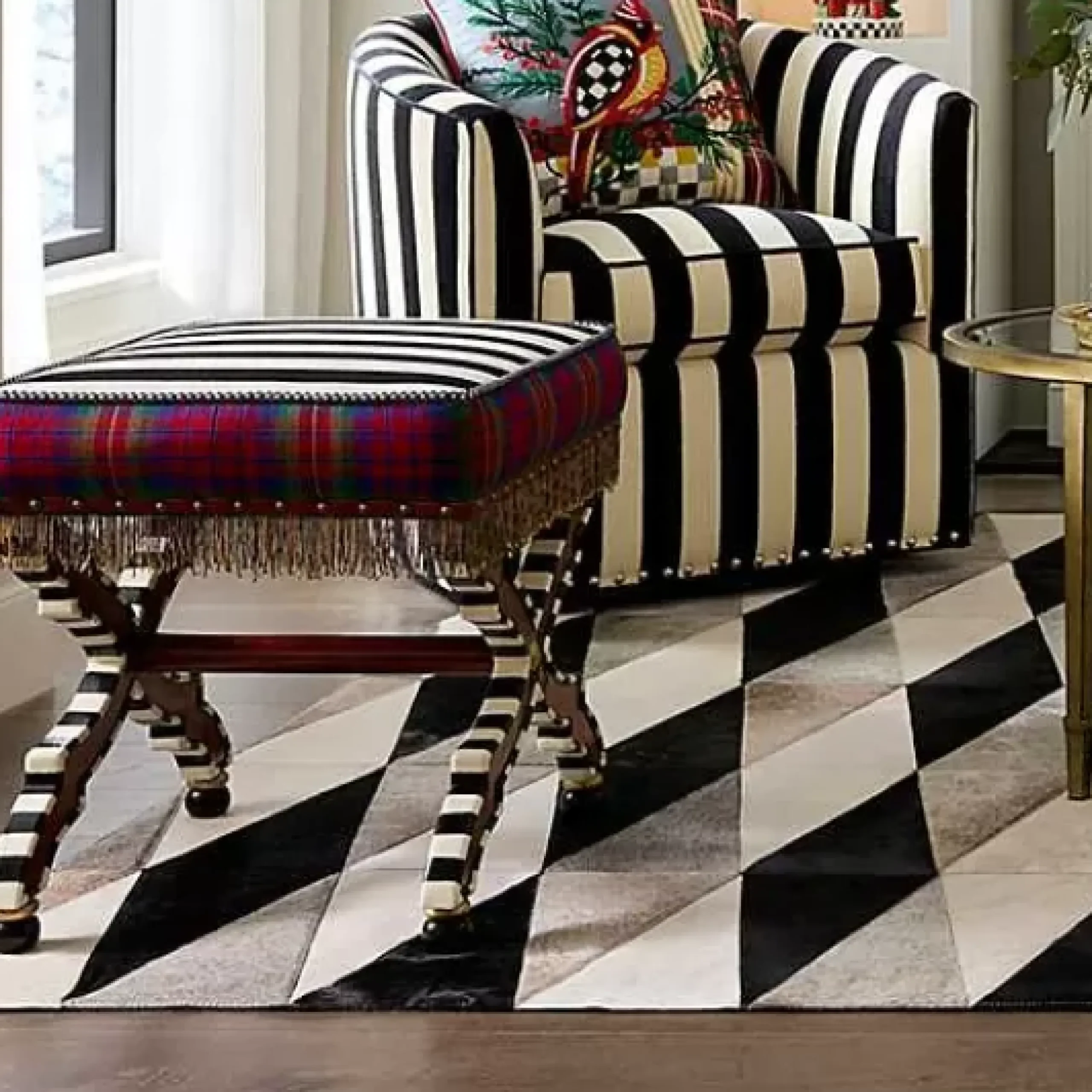 MacKenzie-Childs On Wall Street Stripe Cushioned Accent Stool< Bedroom|Living Room