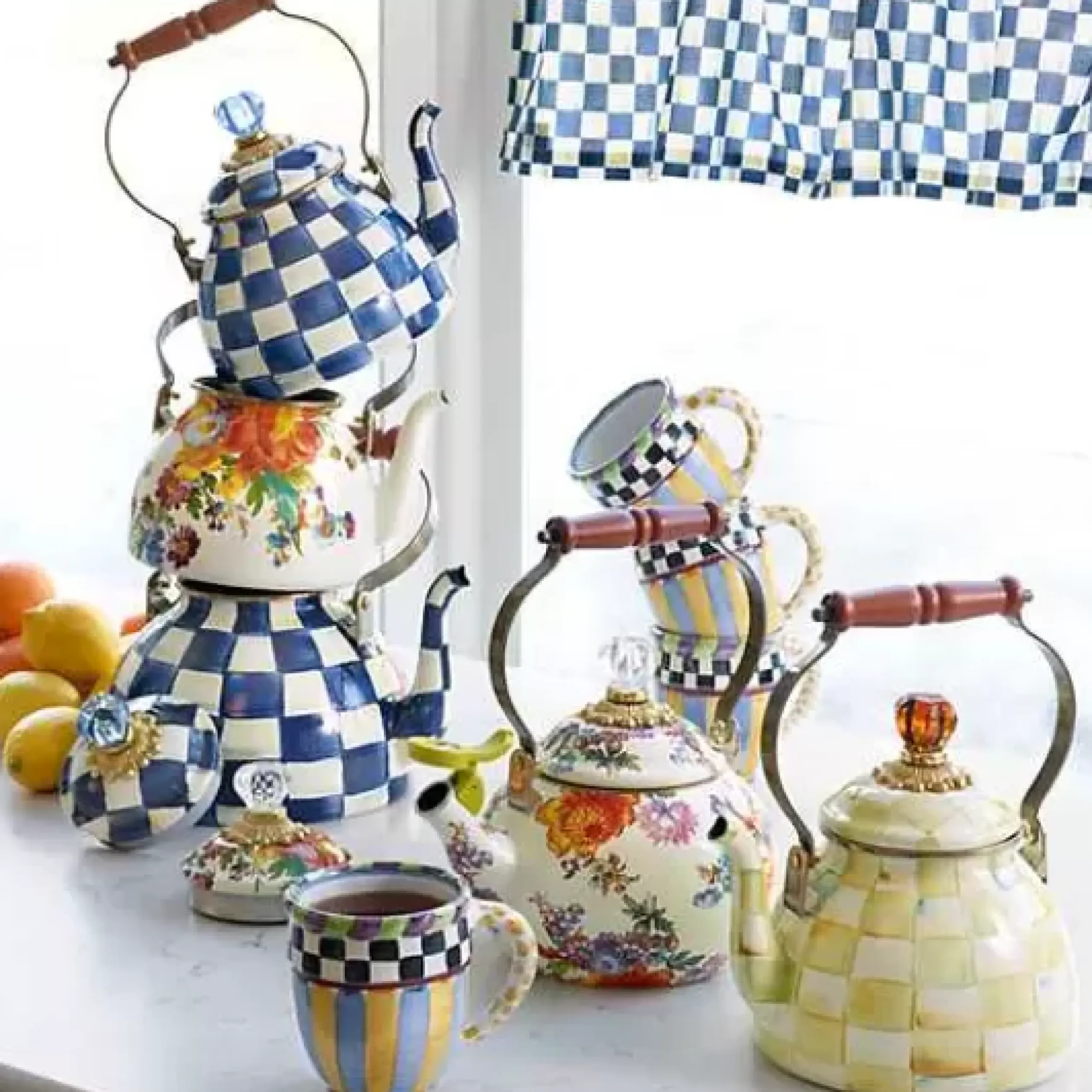 MacKenzie-Childs Parchment Check 2 Quart Tea Kettle< Tea Kettles