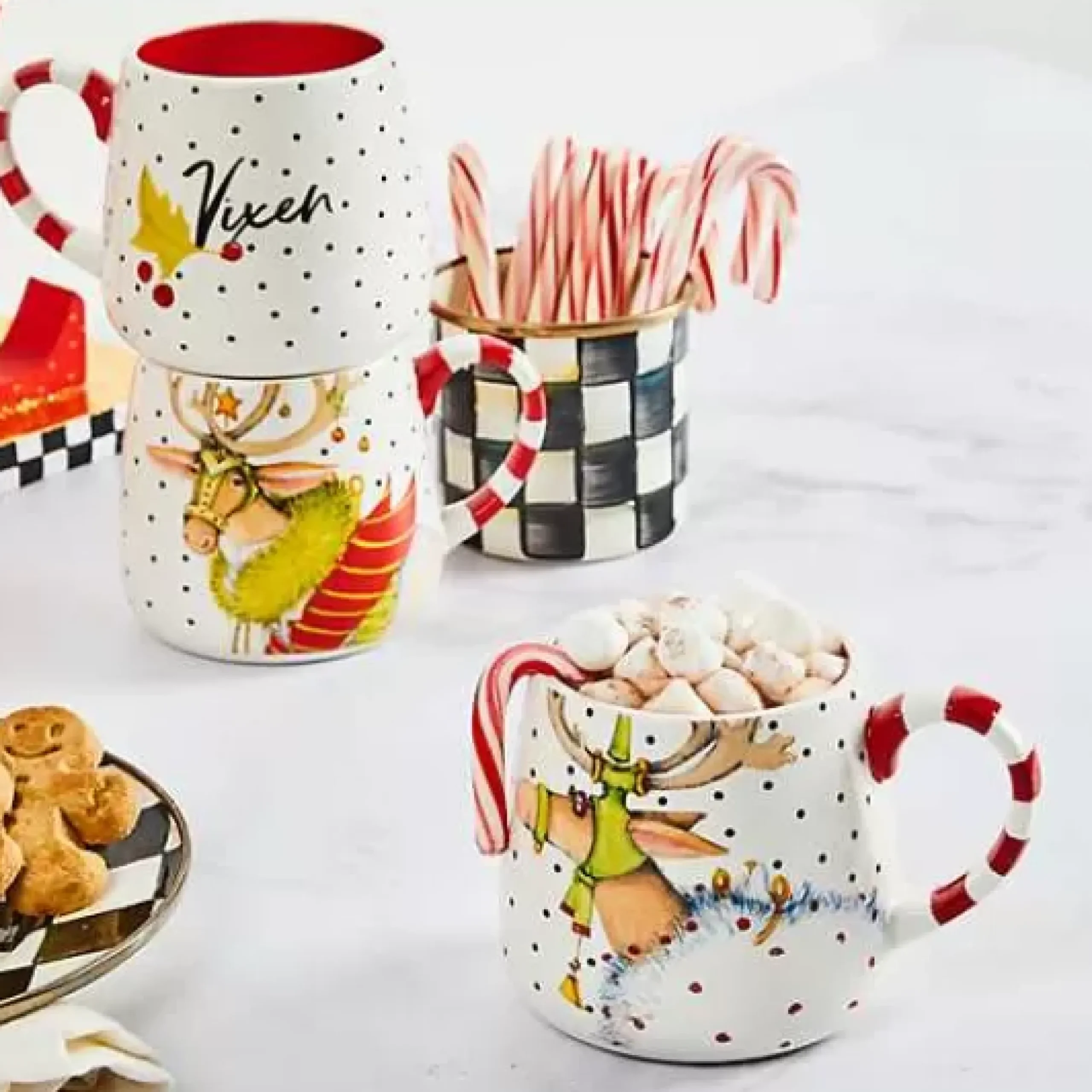 MacKenzie-Childs Patience Brewster Dash Away Reindeer Mugs, Set of 4< Holiday|Drinkware