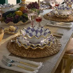 MacKenzie-Childs Plum Check Ceramic Fluted Dinner Plate< Fall Entertaining|Dinnerware & Flatware