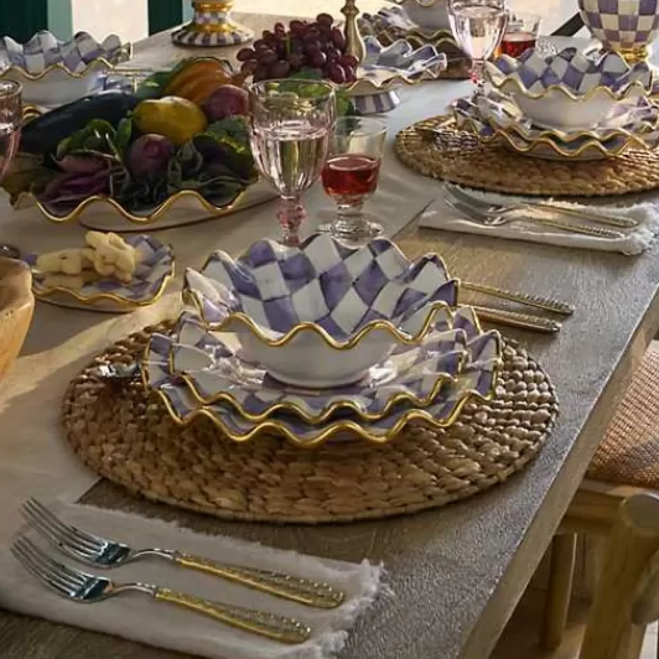 MacKenzie-Childs Plum Check Ceramic Fluted Dinner Plate< Fall Entertaining|Dinnerware & Flatware