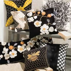 MacKenzie-Childs Queen Bee Black Throw Pillow< Pillows, Throws, & Cushions