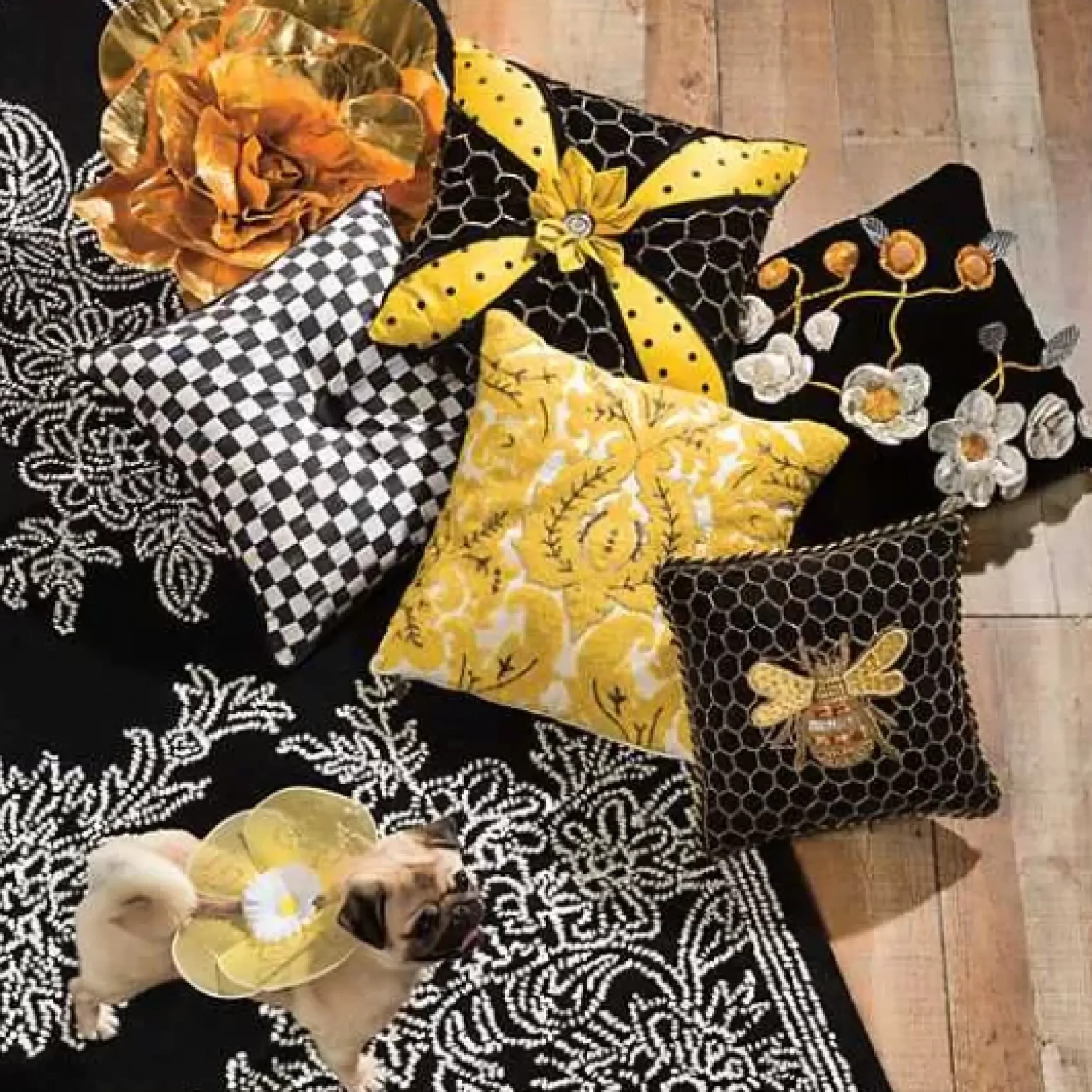 MacKenzie-Childs Queen Bee Black Throw Pillow< Pillows, Throws, & Cushions