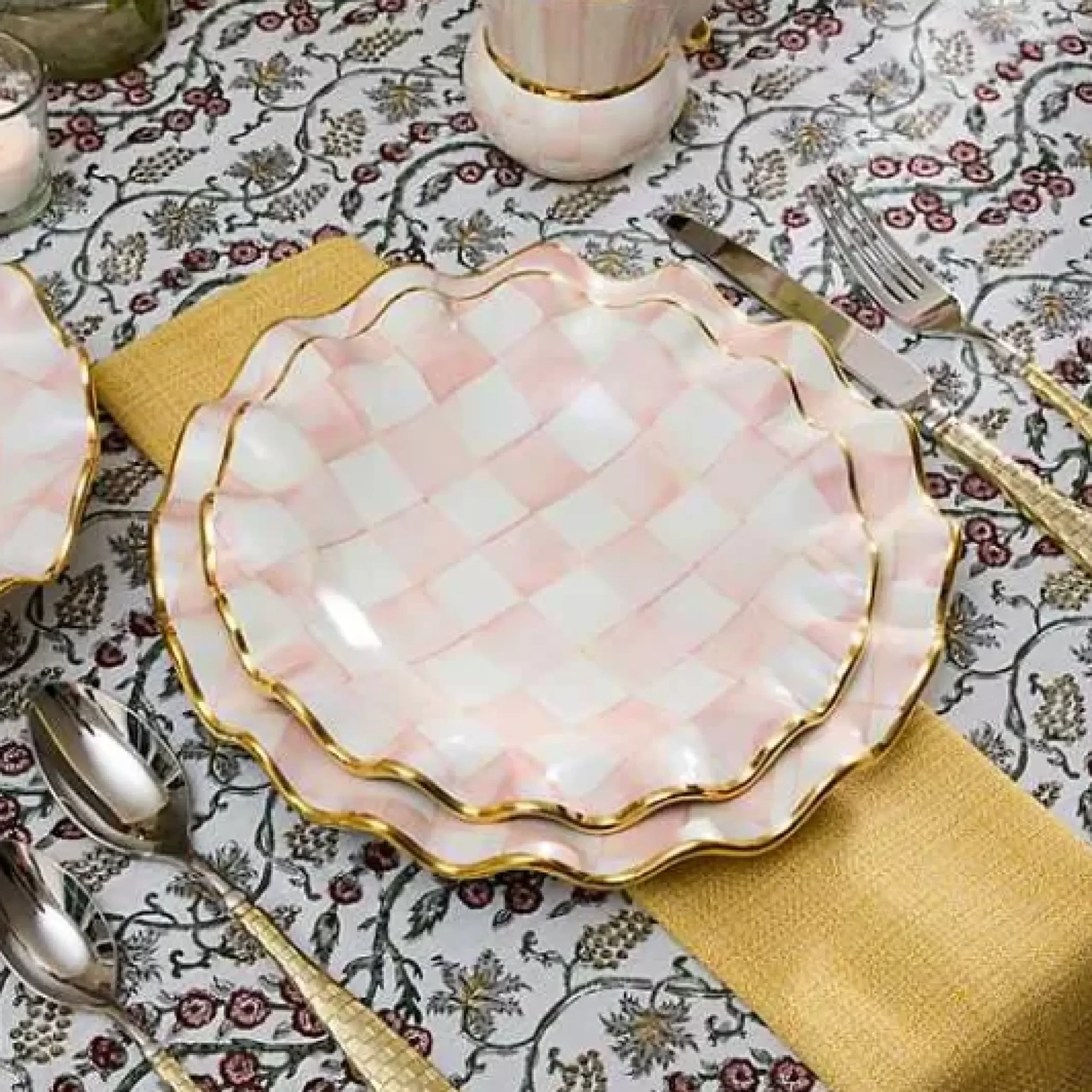 MacKenzie-Childs Rosy Check Ceramic Fluted Dessert Plate< Fall Entertaining|Dinnerware & Flatware