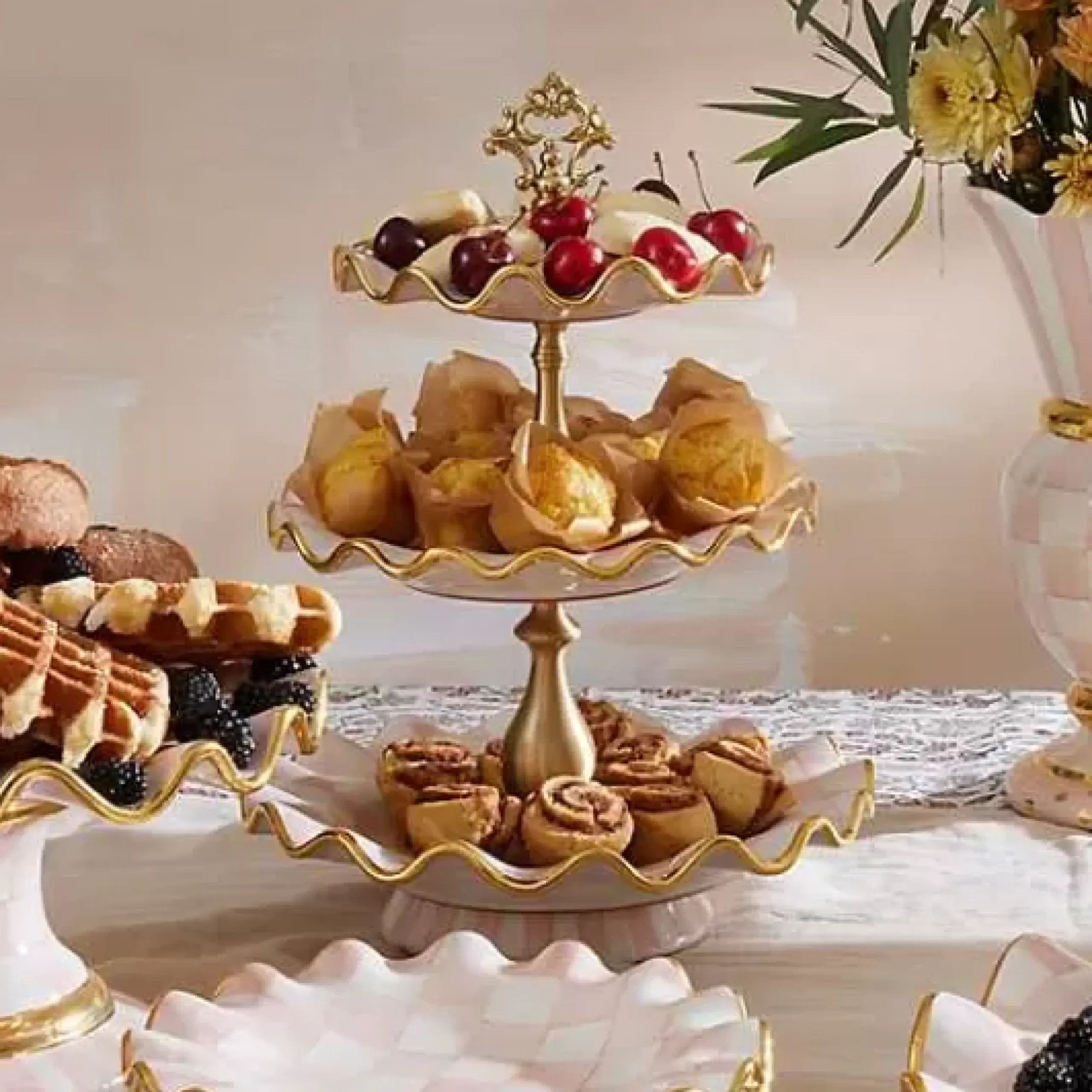 MacKenzie-Childs Rosy Check Ceramic Three Tier Sweet Stand< Fall Entertaining|Serveware
