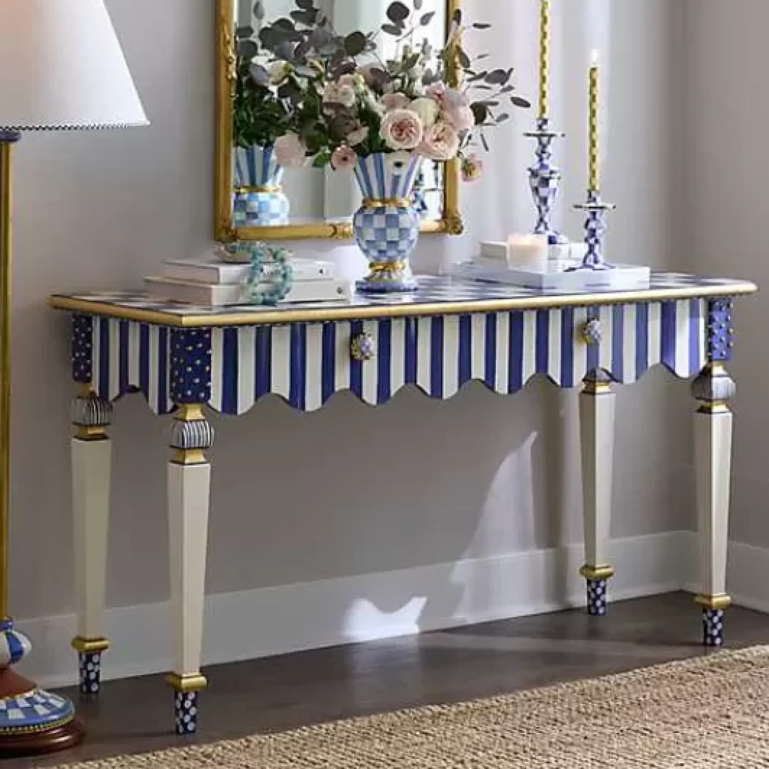 MacKenzie-Childs Royal Check Stripe Console Table< Storage Furniture|Living Room