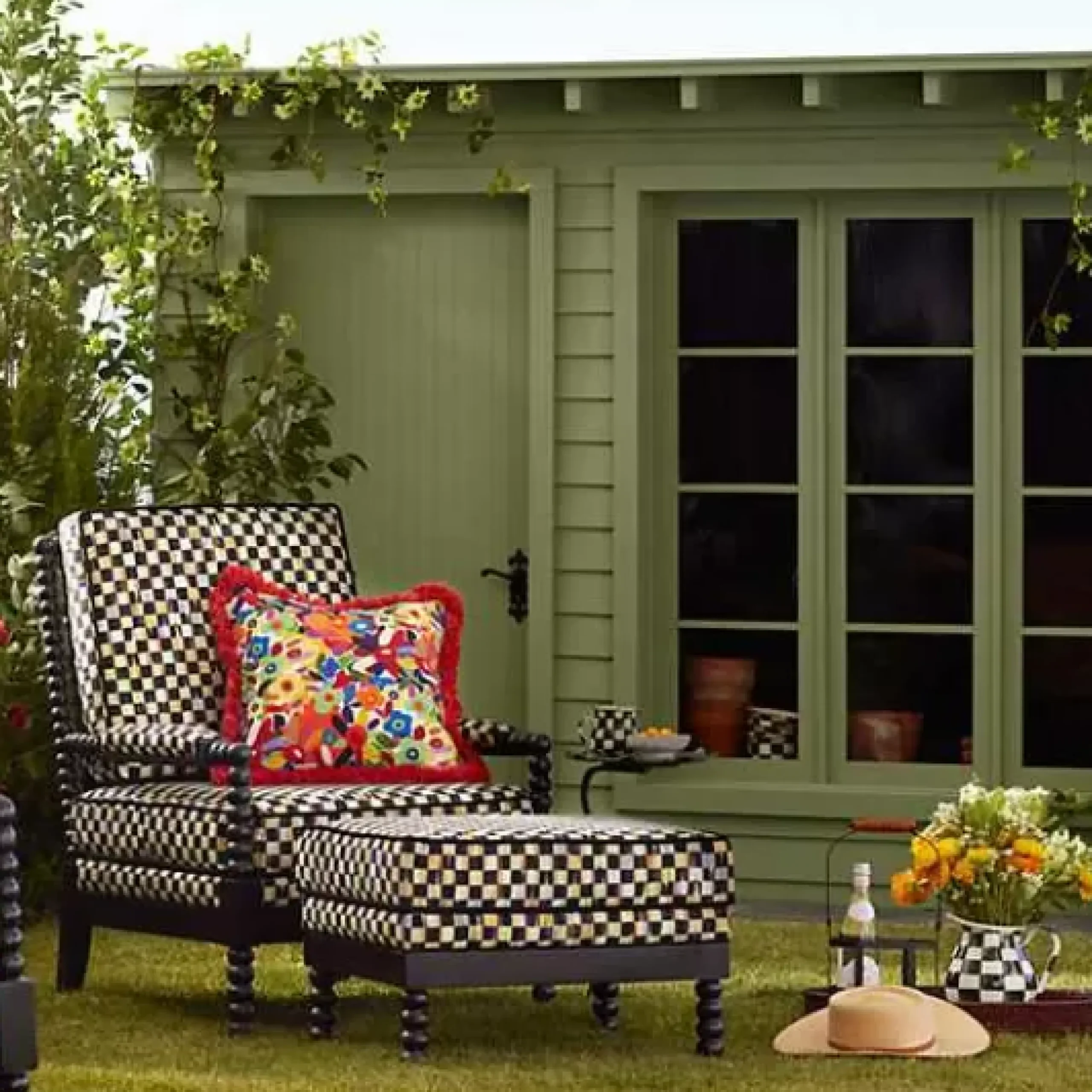 MacKenzie-Childs Spindle Check Outdoor Ottoman< Outdoor|Spring
