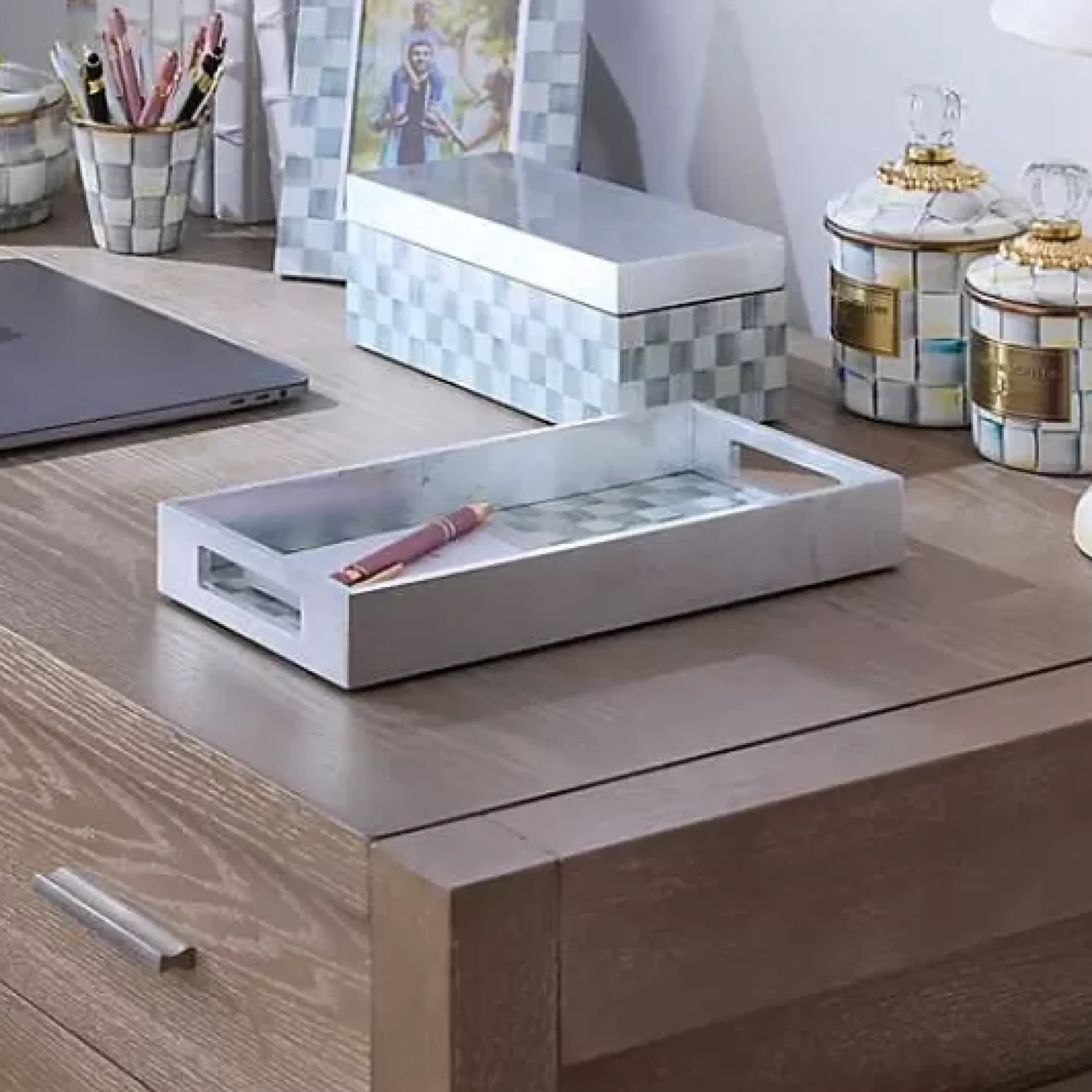 MacKenzie-Childs Sterling Check Lacquer Vanity Tray< Room Accents