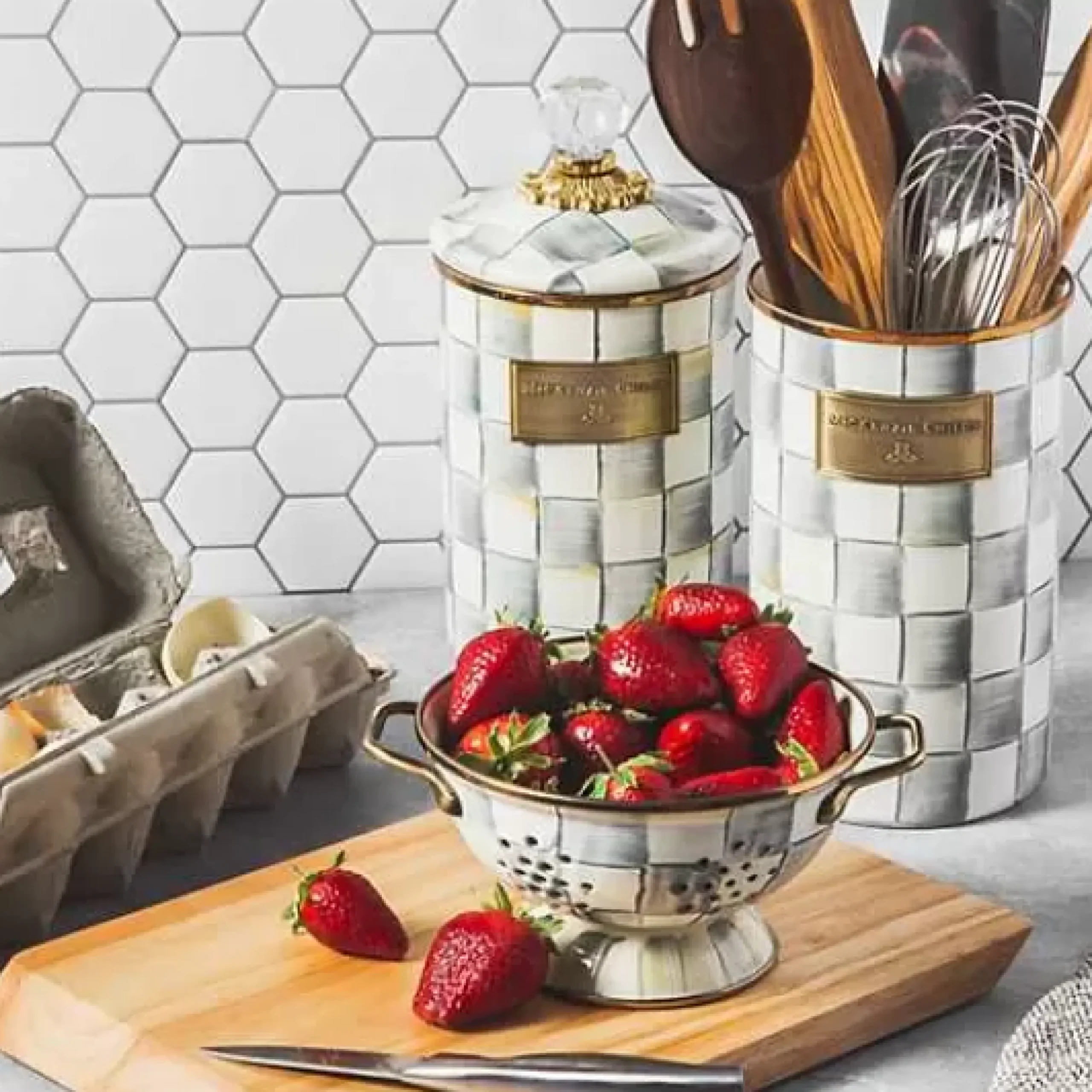 MacKenzie-Childs Sterling Check Large Canister< Room Accents|Kitchen Storage & Organization