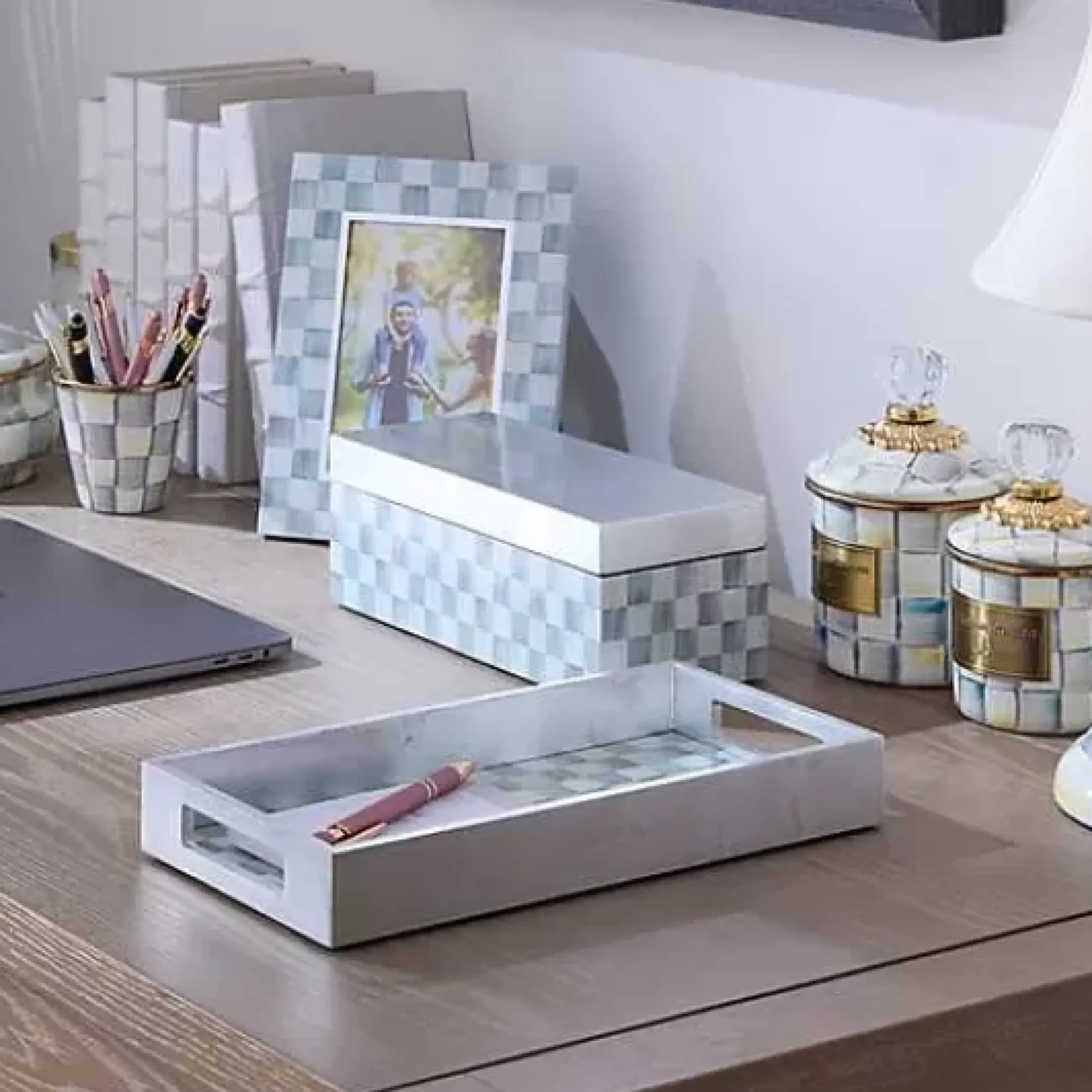 MacKenzie-Childs Sterling Check Small Lacquer Decorative Box with Hinged Lid< Room Accents