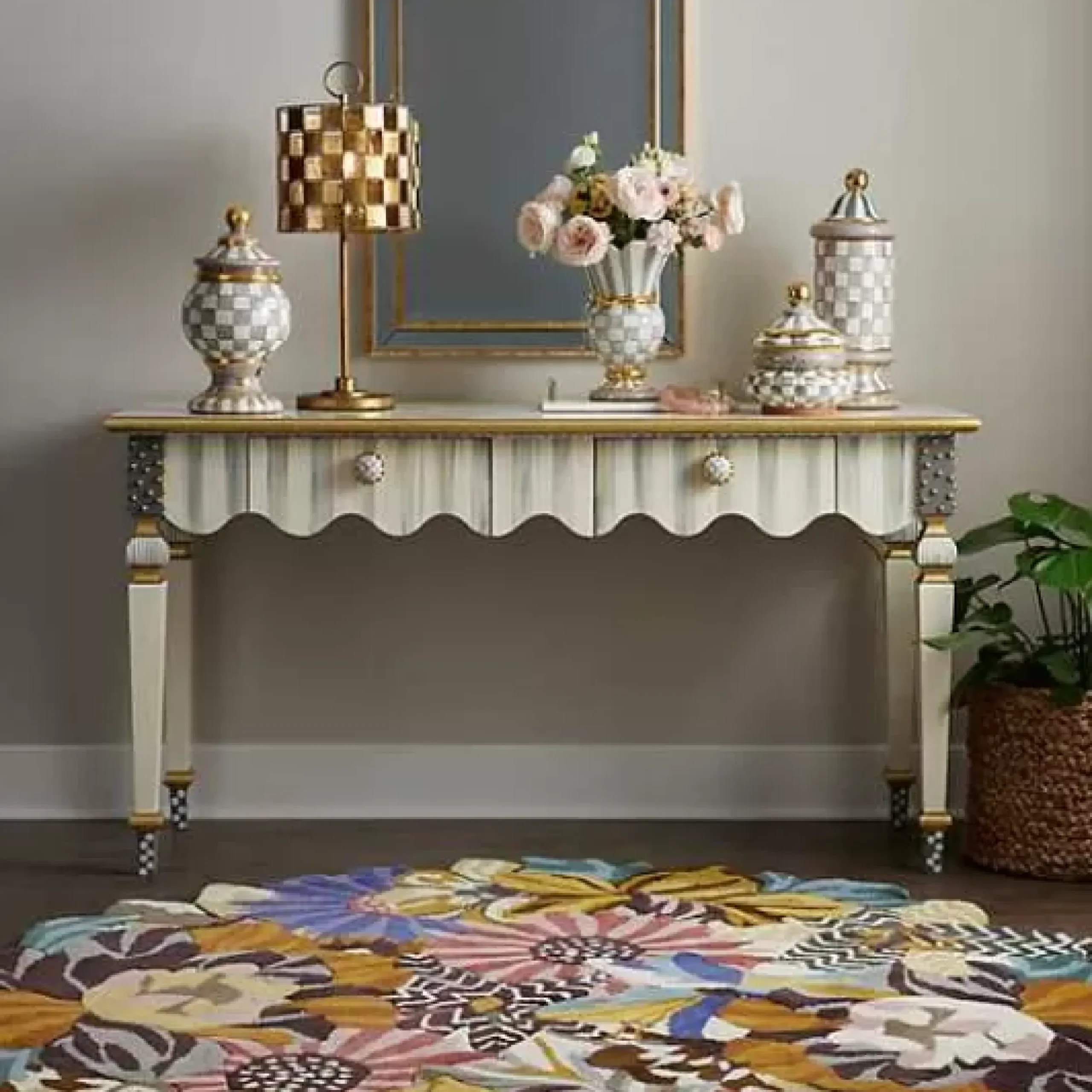 MacKenzie-Childs Sterling Check Stripe Console Table< Storage Furniture|Living Room