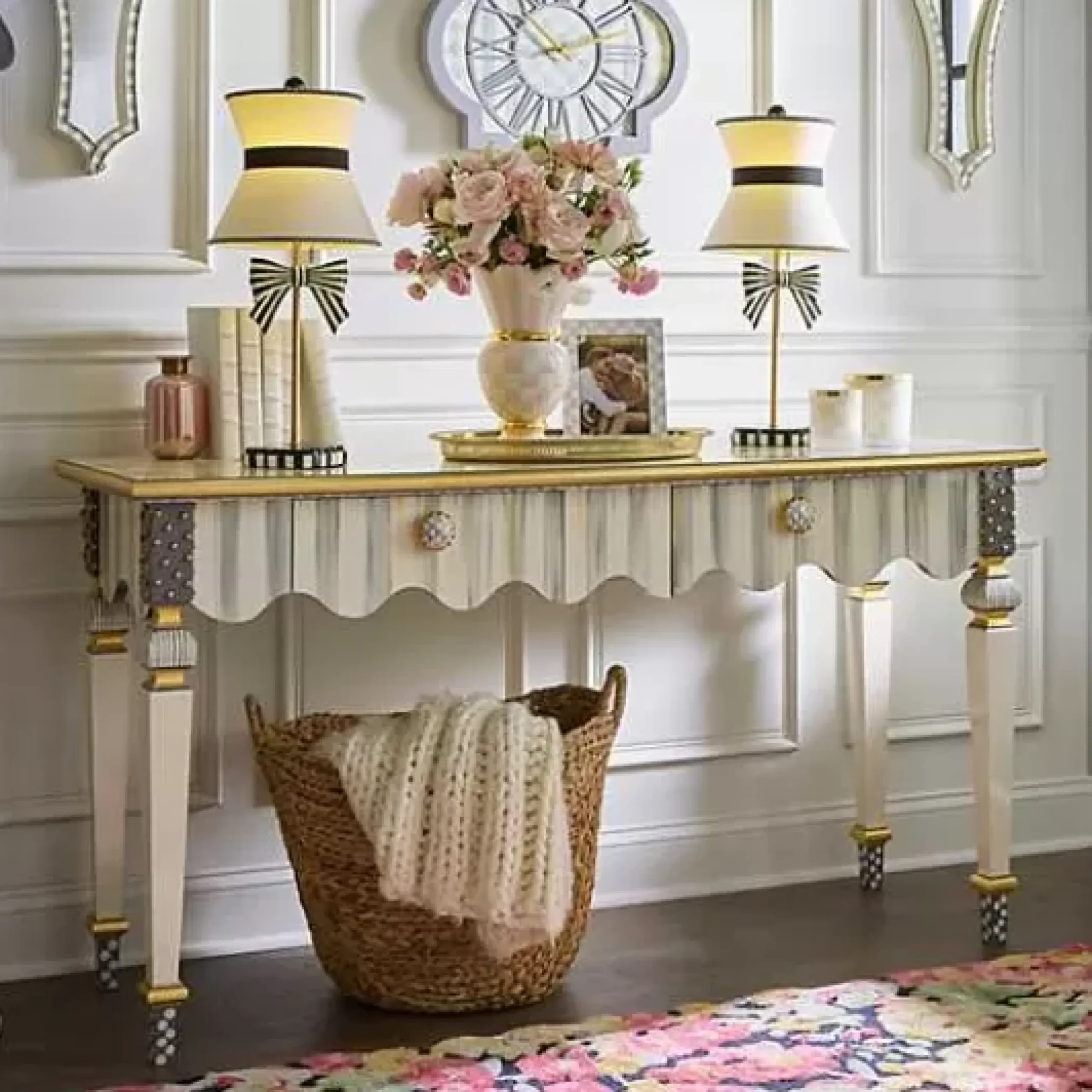 MacKenzie-Childs Sterling Check Stripe Console Table< Storage Furniture|Living Room