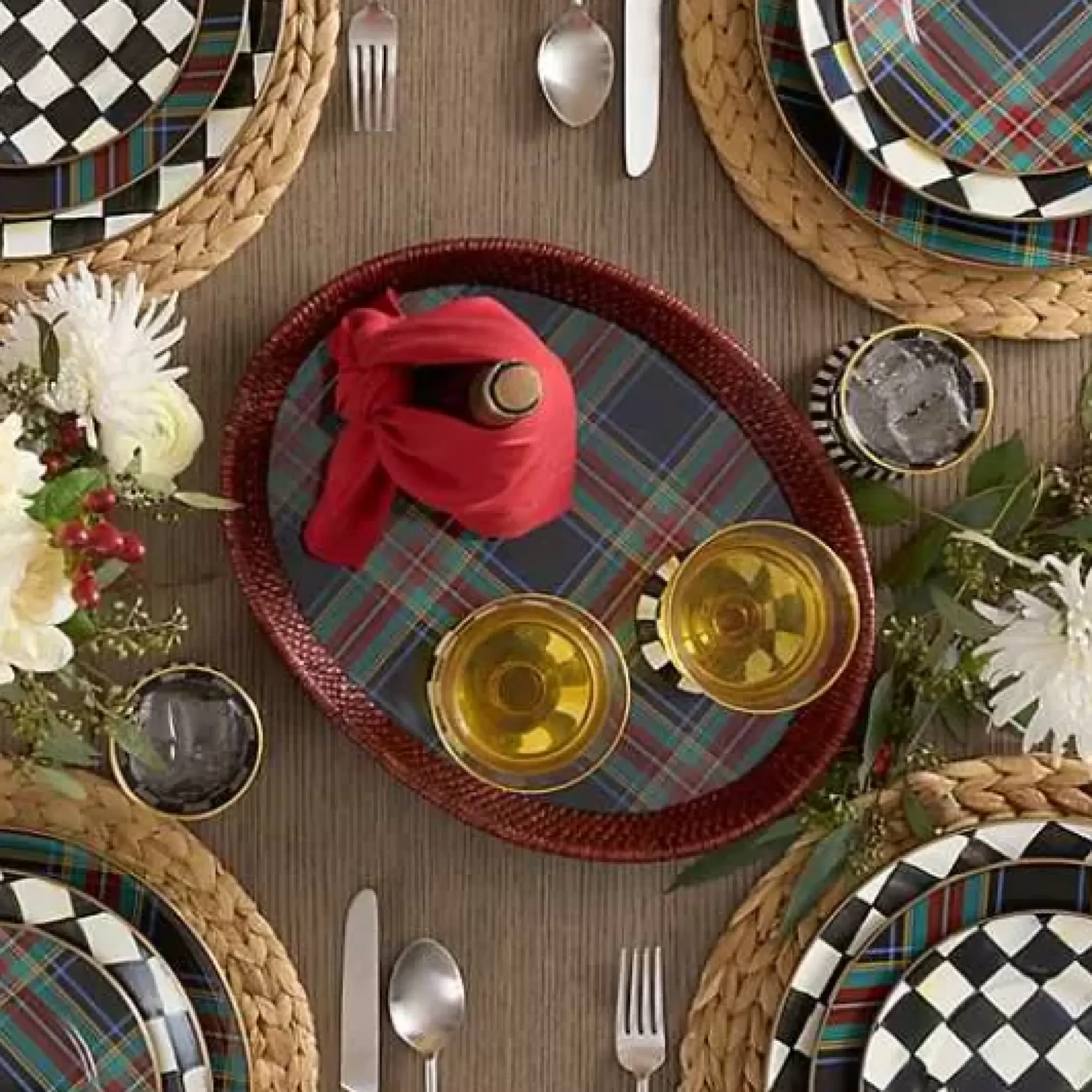 MacKenzie-Childs Tartan Large Black Rattan Serving Tray< Serveware