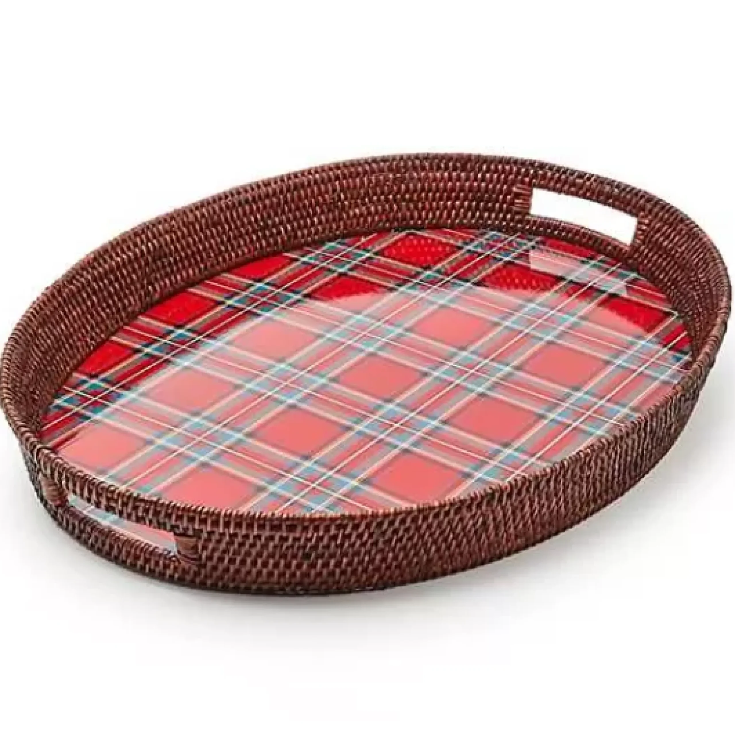 MacKenzie-Childs Tartan Red Rattan Party Serving Tray< Serveware