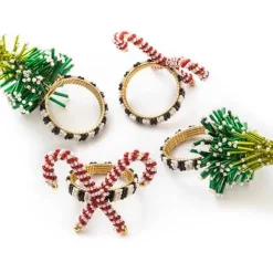 MacKenzie-Childs Tree Candy Cane Napkin Rings, Set of 4< Holiday|Kitchen & Dining Sets