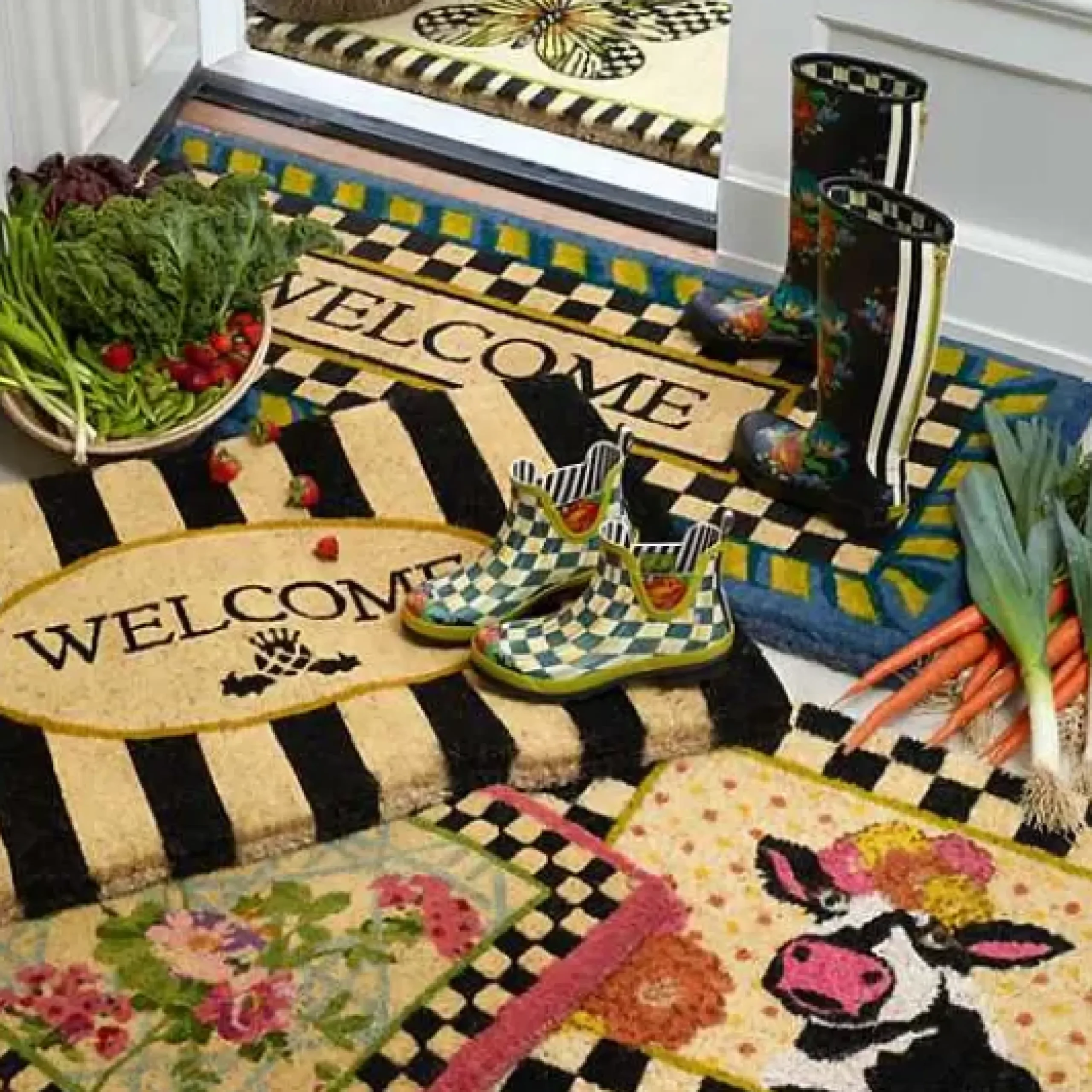 MacKenzie-Childs Welcome Periwinkle Double Door Entrance Mat< Rugs