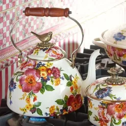 MacKenzie-Childs White Flower Market 3 Quart Tea Kettle with Bird< Cookware & Bakeware|Tea Kettles