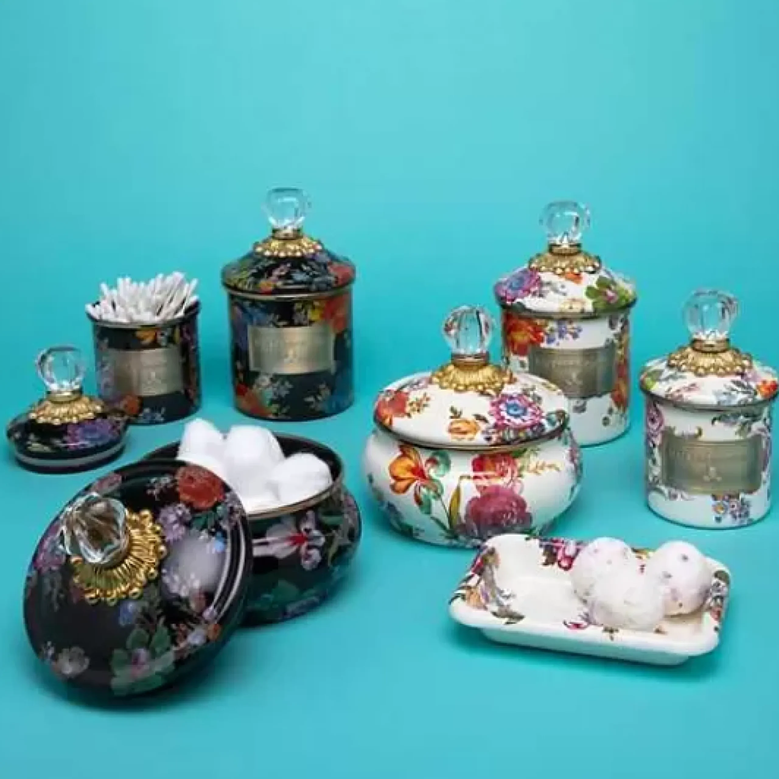 MacKenzie-Childs White Flower Market Demi Canister< Room Accents|Kitchen Storage & Organization