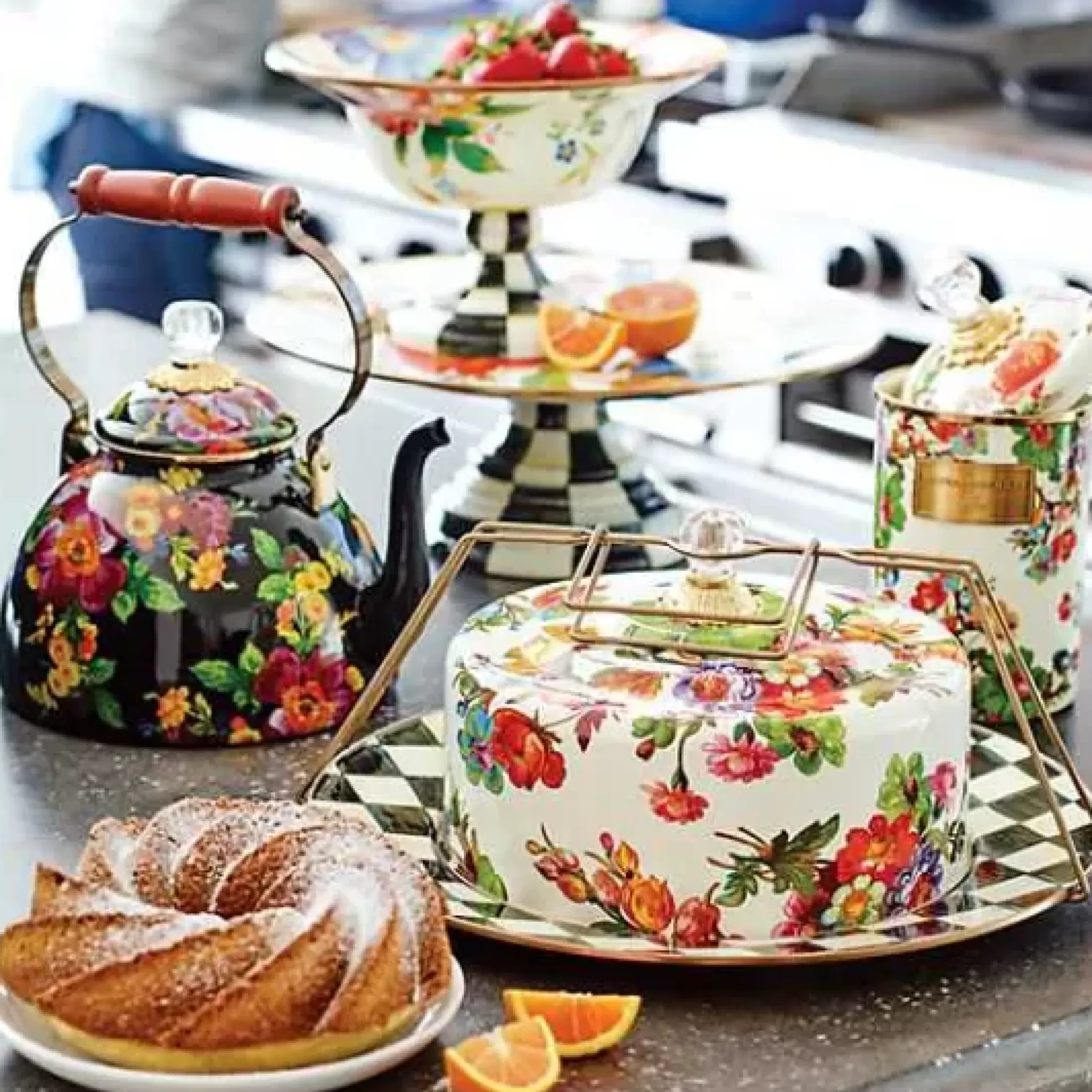 MacKenzie-Childs White Flower Market Large Canister< Room Accents|Kitchen Storage & Organization