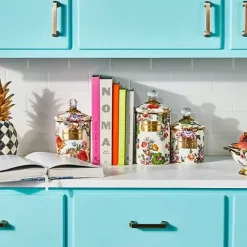 MacKenzie-Childs White Flower Market Medium Canister< Room Accents|Kitchen Storage & Organization