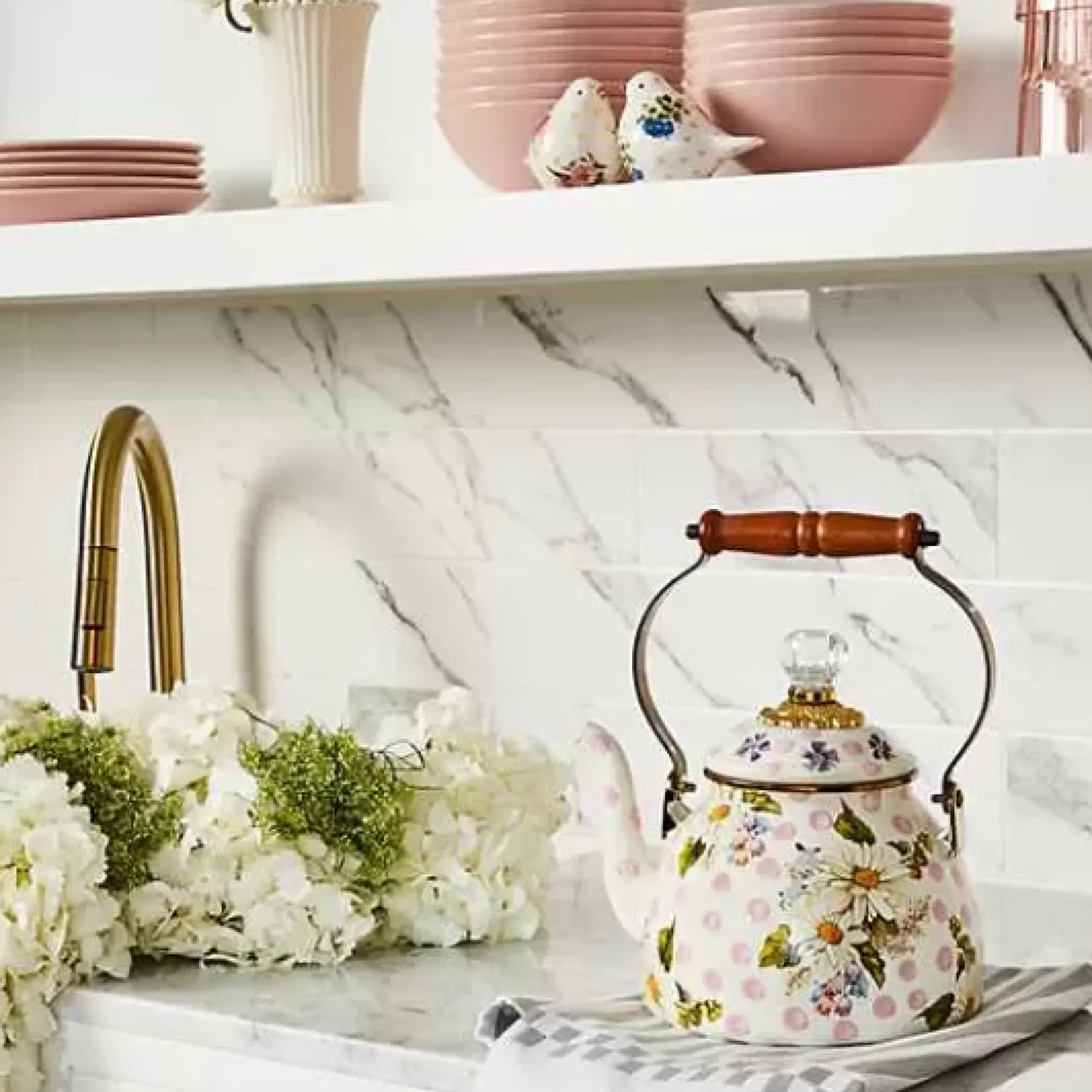 MacKenzie-Childs Wildflowers Pink 2 Quart Tea Kettle< The Coffee Shop|Serveware